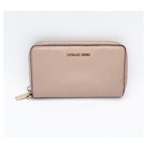 Michael Michael Kors Bone/Beige Continental Leather Jet Set Zip Around Wallet